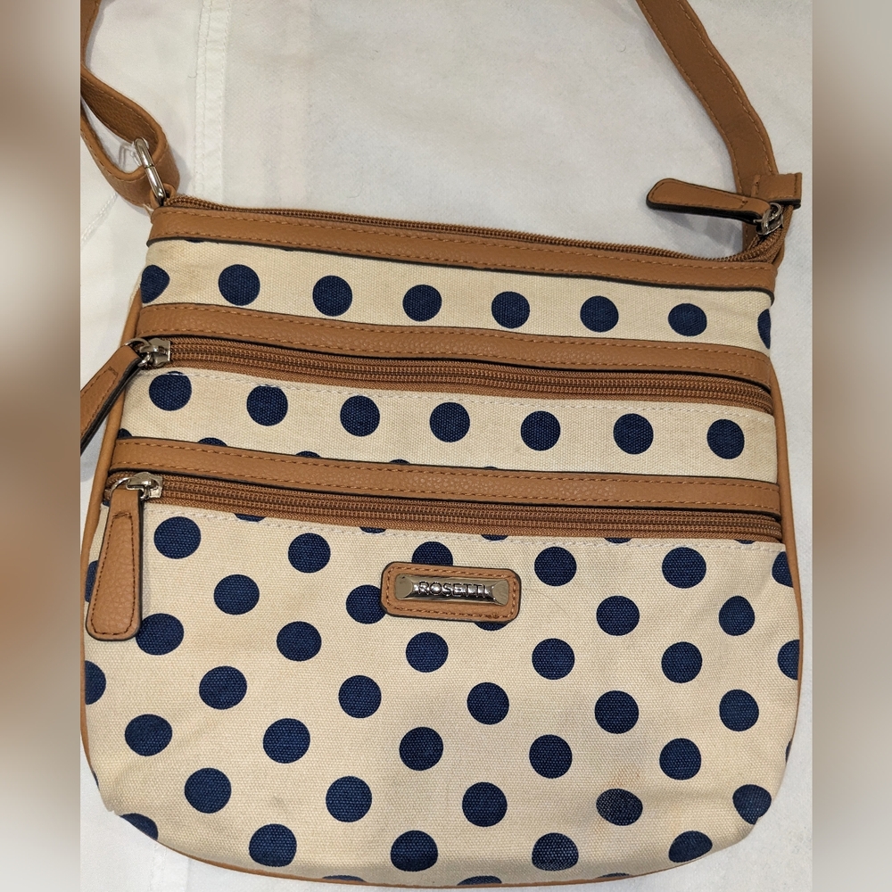 Rosetti Blue, Cream, Tan Polka Dot Cotton Crossbody Bag - Picture 2 of 10